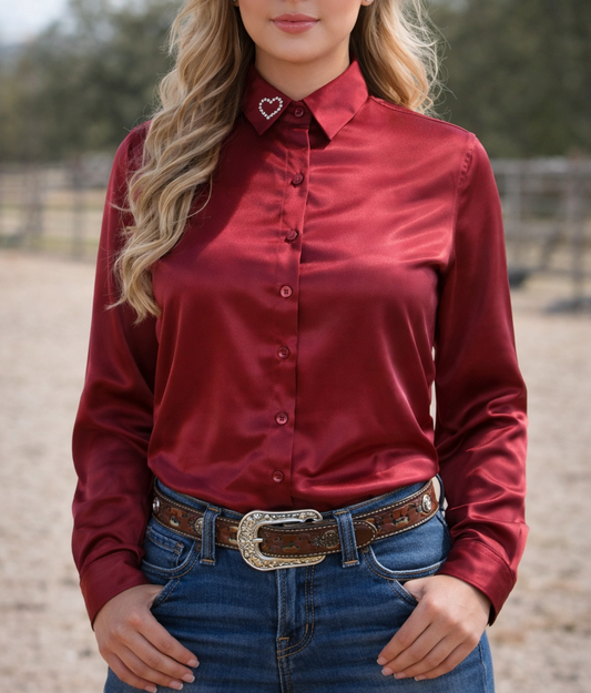 Scarlet Crystal Heart Satin Button Up Rodeo Shirt