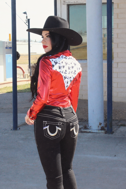 High Stakes Ruby Red Metallic Pearl Snap Rodeo Shirt