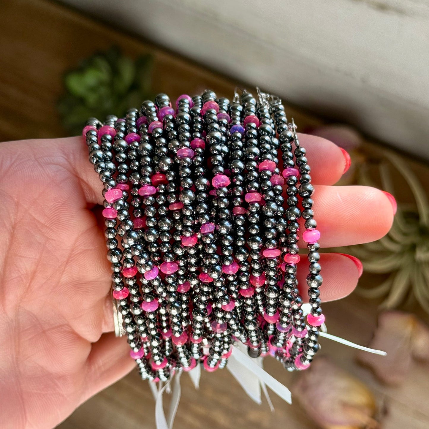 Pink Ethiopian Opal Bracelet – 3–4mm Sterling Silver Pearls