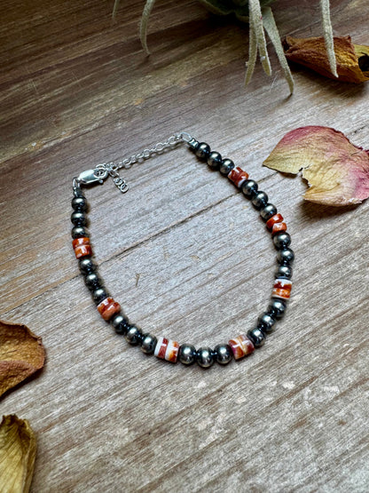 Sterling Silver Pearl Bracelet with Red-Orange Spiny Oyster Heishi