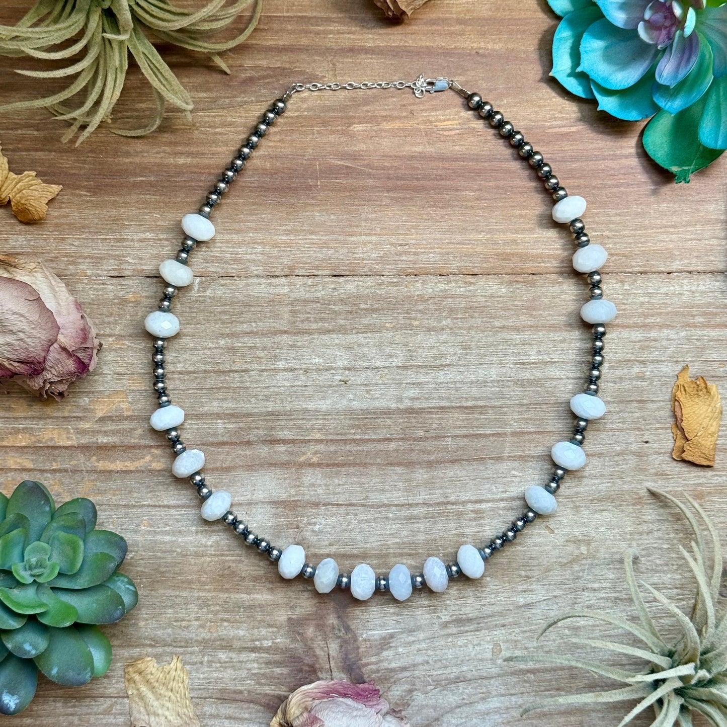 Faceted Moonstone & Sterling Silver Pearl Necklace