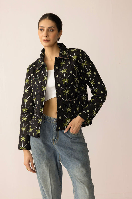 Everglade Dreams Cotton Jacket in Midnight Black & Green