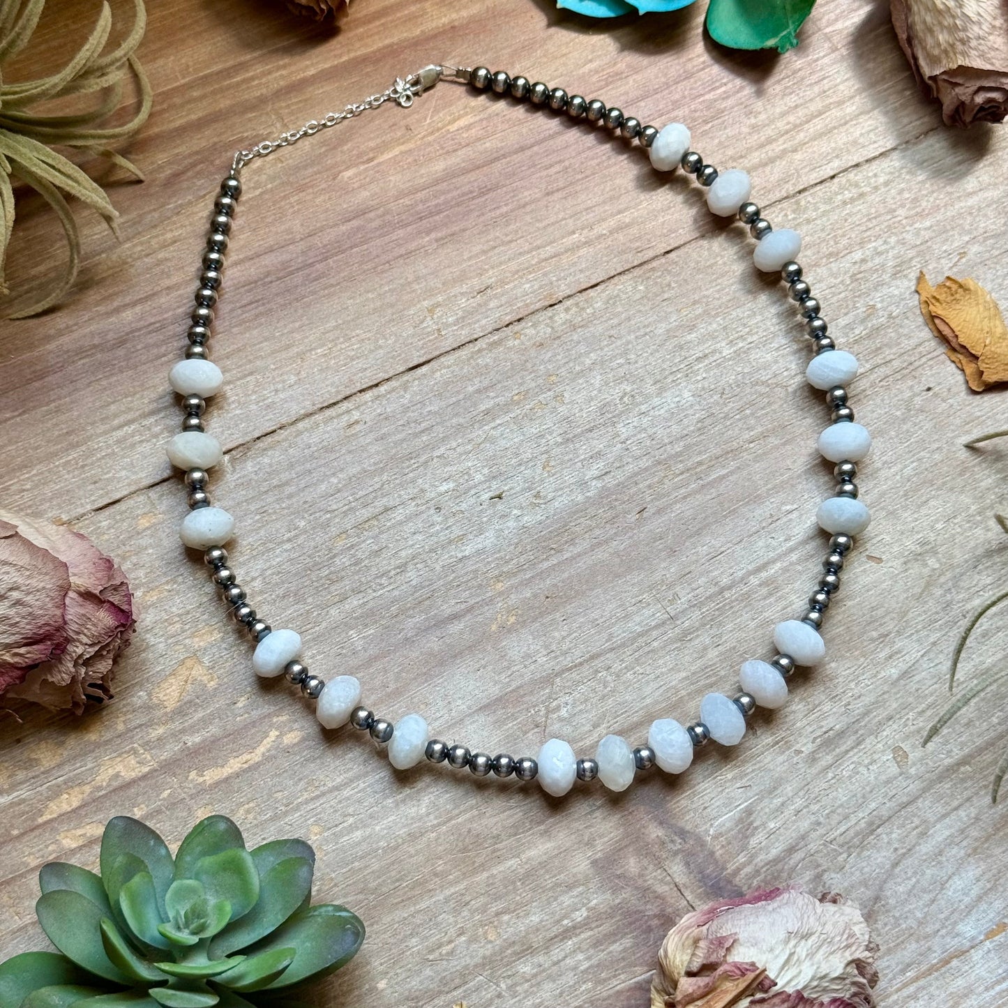 Faceted Moonstone & Sterling Silver Pearl Necklace