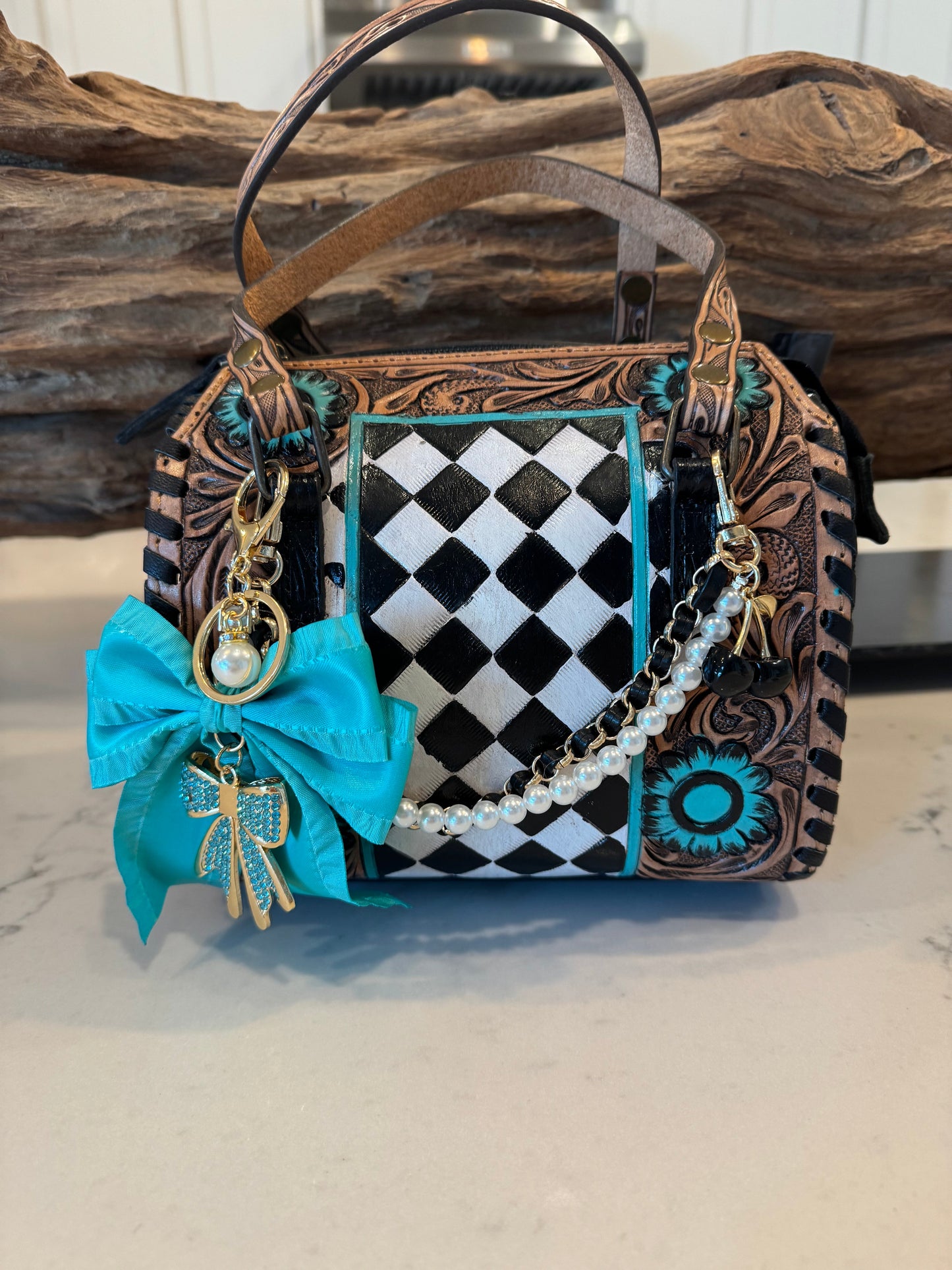 Turquoise Rodeo Royale Checkered Speedy Bag