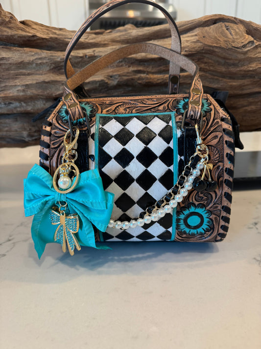 Turquoise Rodeo Royale Checkered Speedy Bag