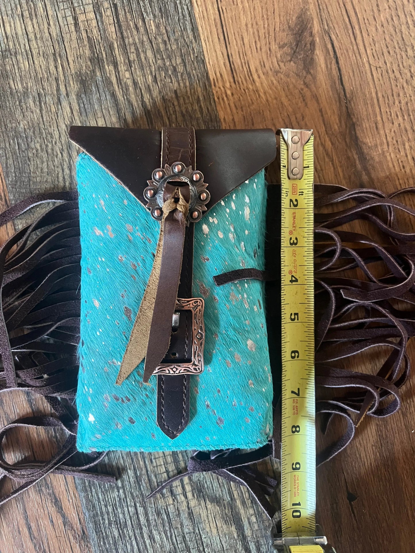 Acid Wash Teal Hair on Cowhide Saddle Bag Rear Cinch