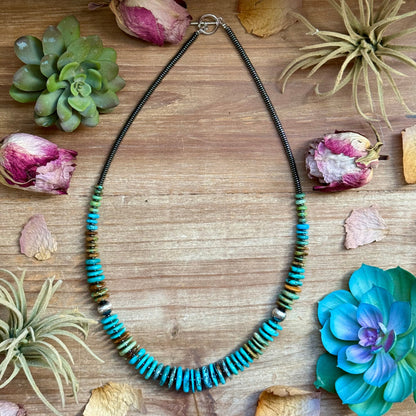 23” Tri Color Turquoise Graduated Necklace – Sterling Silver & Hematite