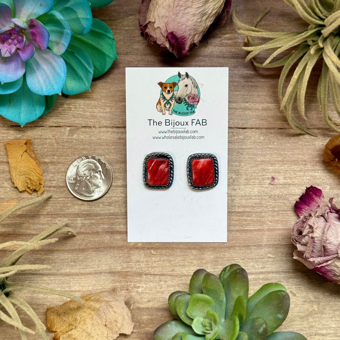 MJ Red Spiny Oyster Rectangle Stud Earrings