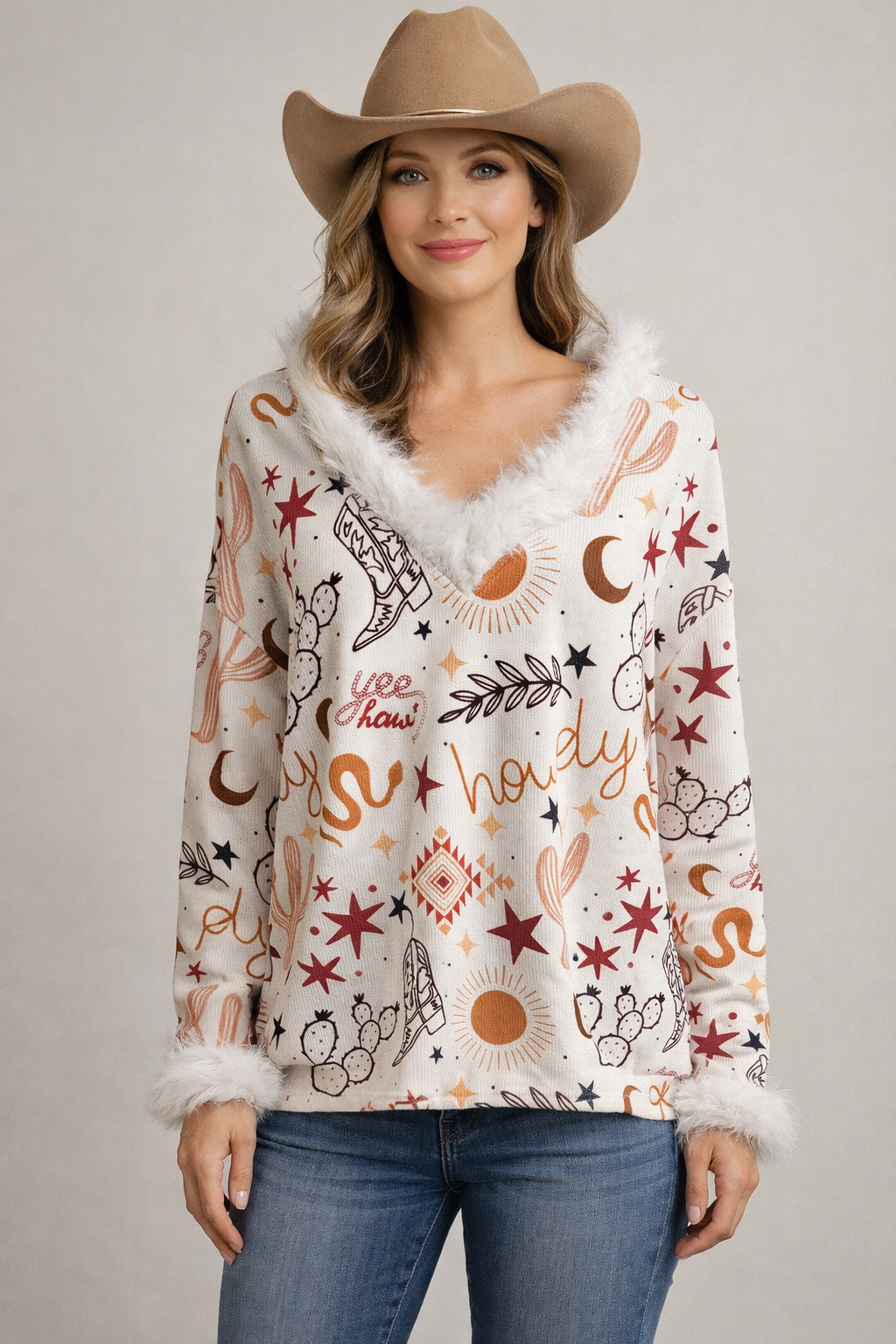 Howdy Faux Fur Trimmed Top