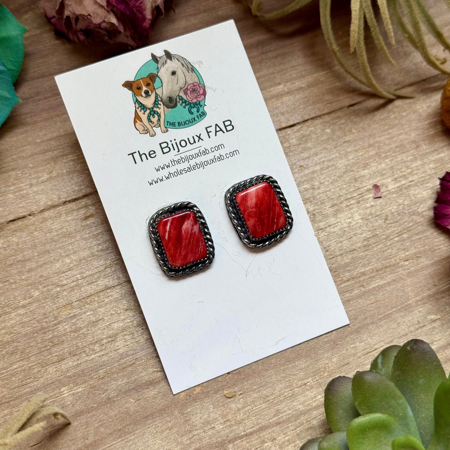 MJ Red Spiny Oyster Rectangle Stud Earrings