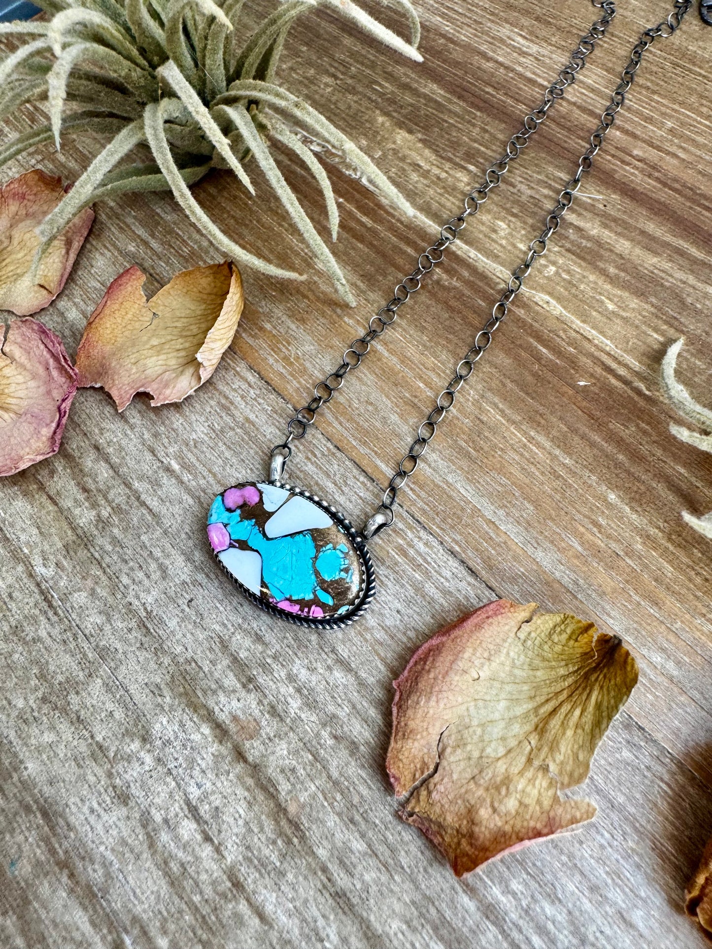 Cotton Candy Turquoise Bar Necklace – Oval Shape – 18" Sterling Chain – Tia Long, Navajo Handmade