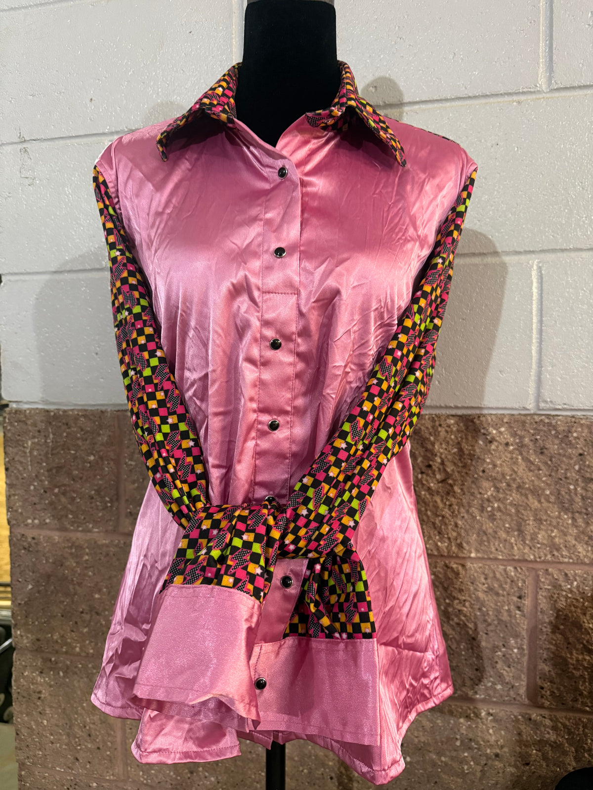 Pink Checkered Lightning Bolt Rodeo Shirt ￼