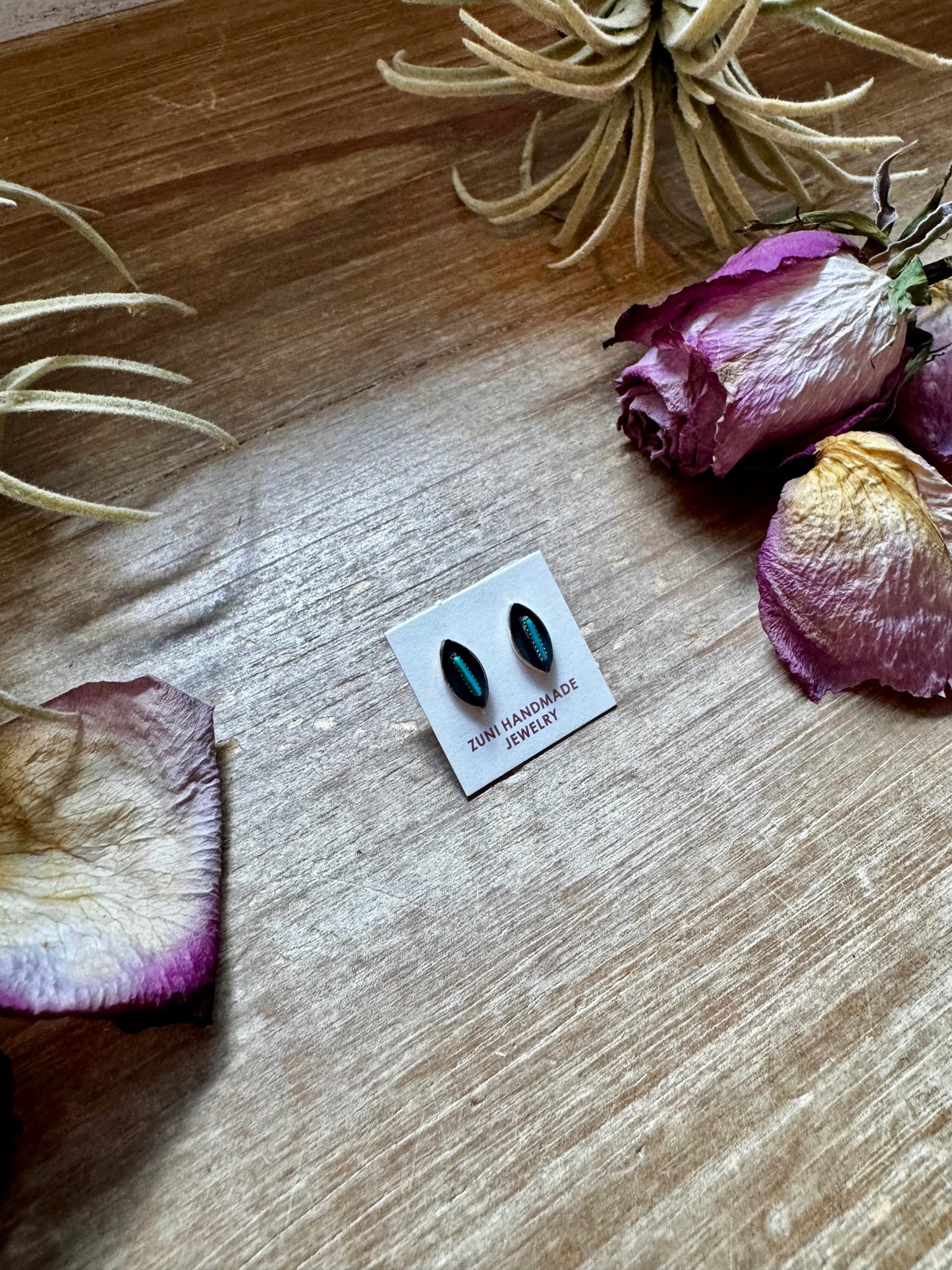 Mini Inlay Earrings – Kingman Turquoise – Sterling Silver – Zuni Made