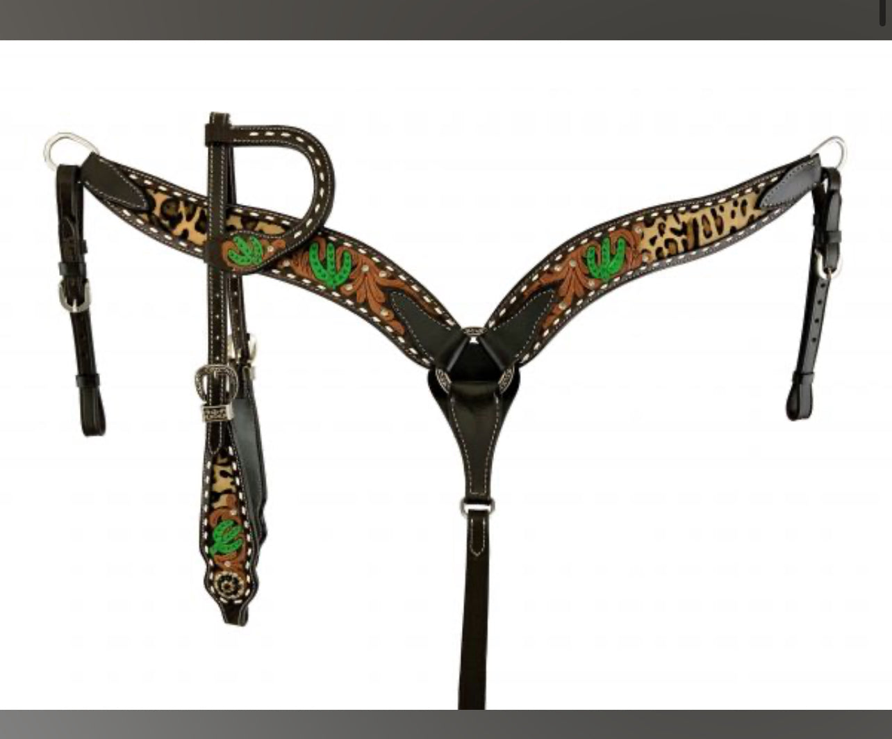 Hair on Cheetah Print Inlay with Painted Cactus accent Single Ear Headstall and Breast Collar Set