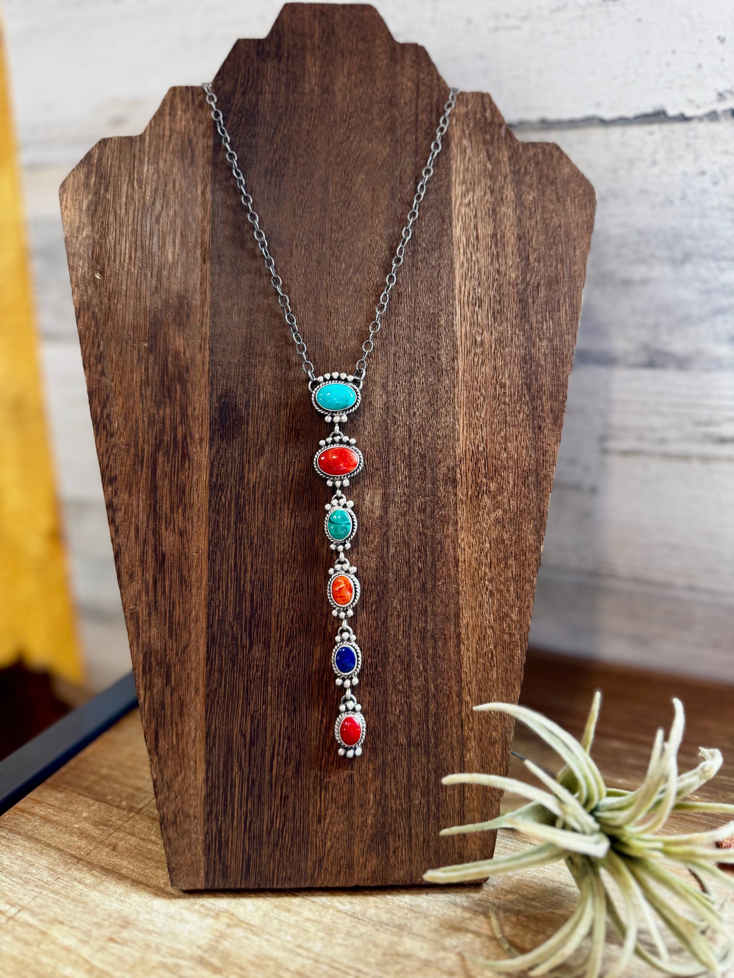 Sterling Silver Lariat Necklace – Native Made – Turquoise, Spiny, & Lapis Charms – One of a Kind