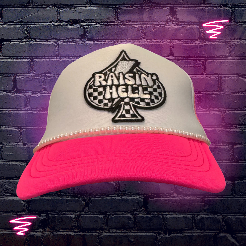 Raisin’ Hell Girls Neon Pink Trucker Hat w/ Pearl Chain