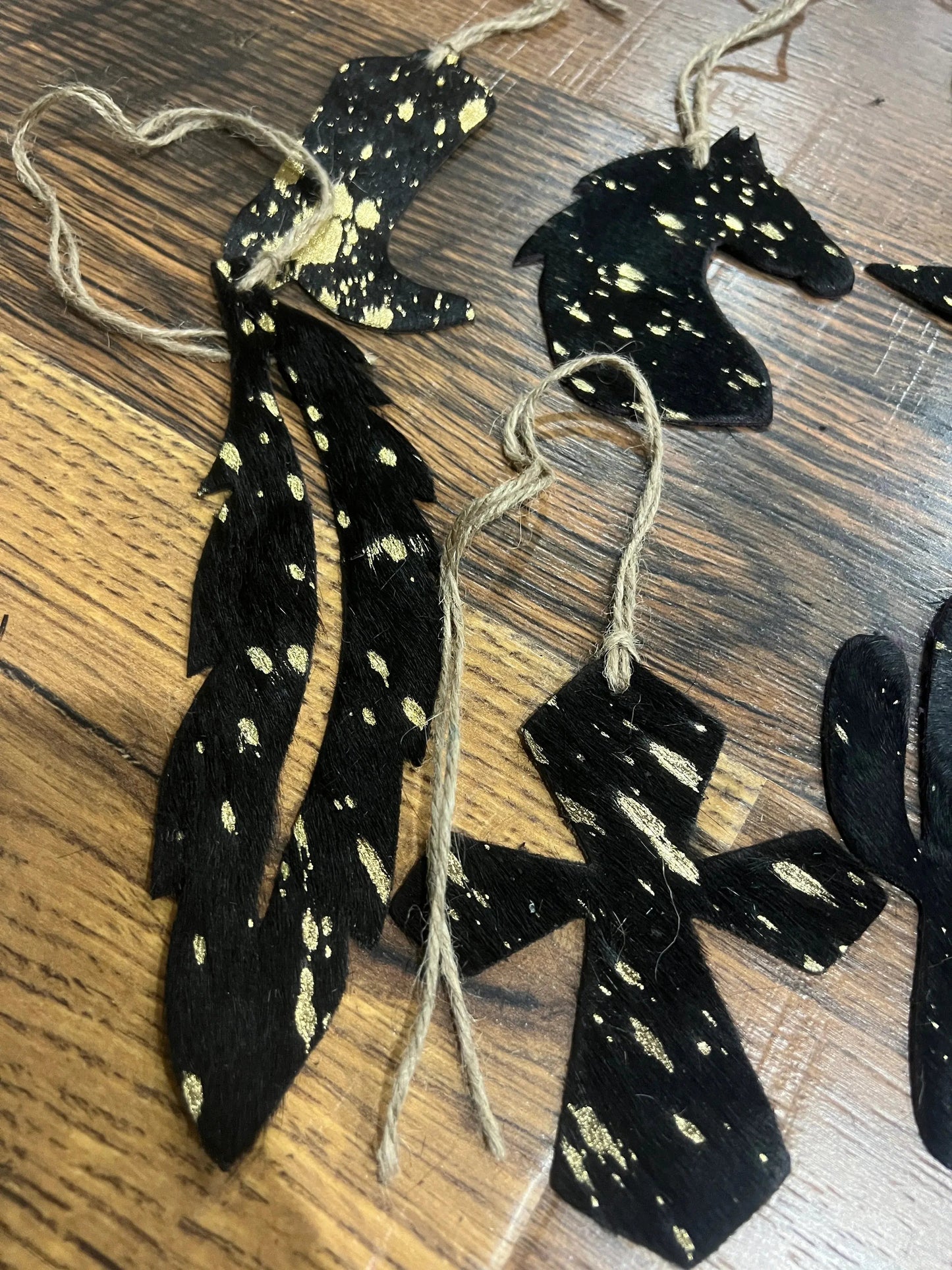 Gold/Black Acid Wash Leather Cowhide  Christmas Ornament - Sold Individually
