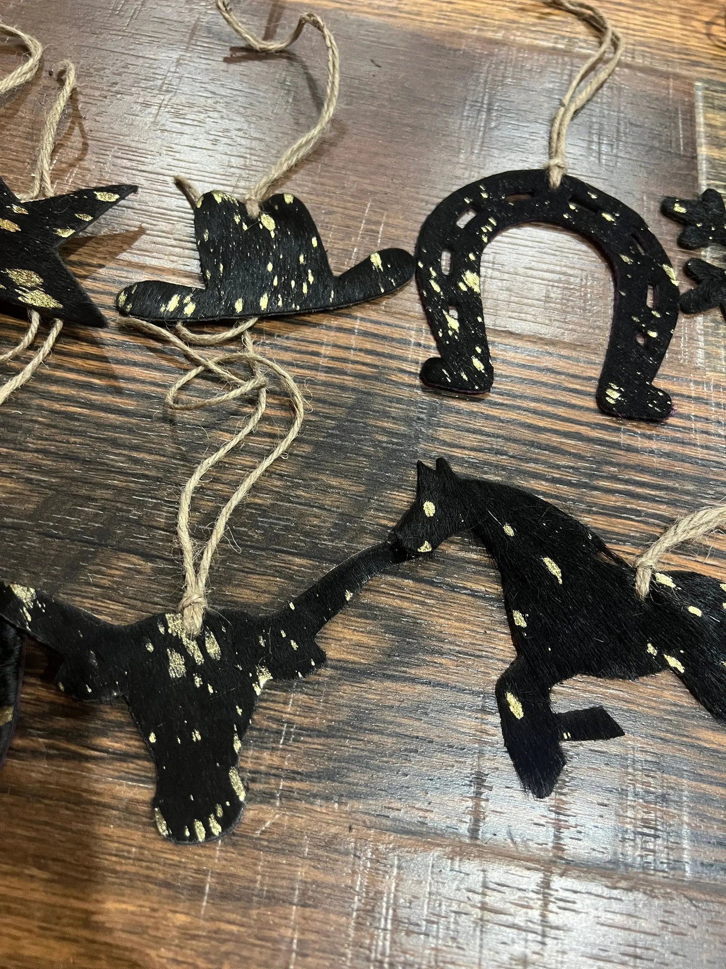 Gold/Black Acid Wash Leather Cowhide  Christmas Ornament - Sold Individually