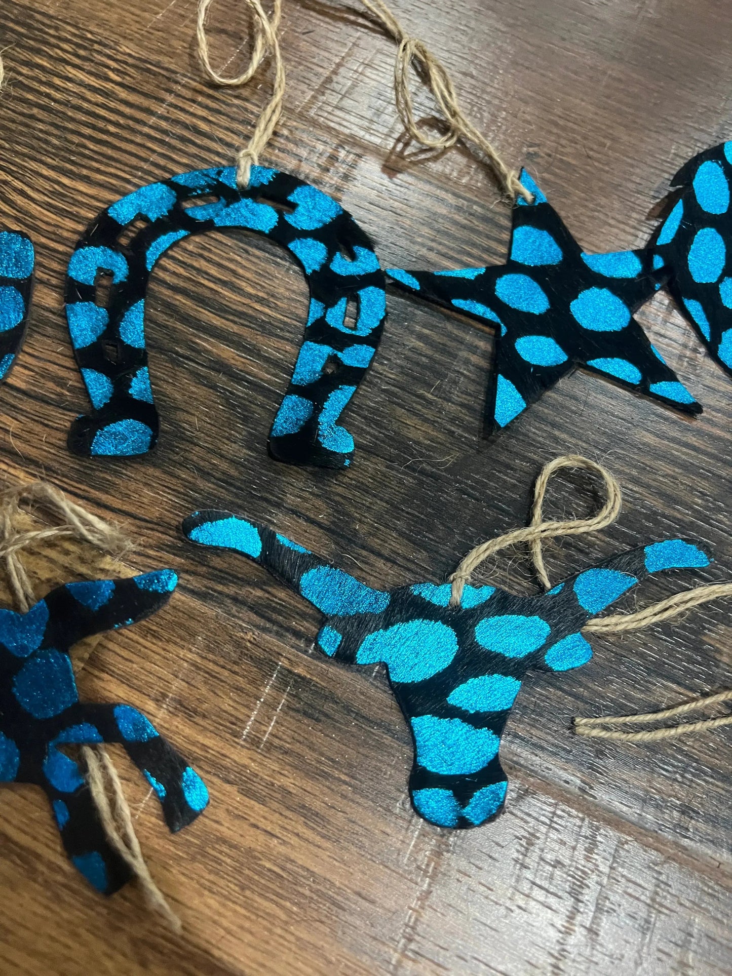 BLUE SPOTTED  Leather Cowhide  Christmas Ornament - Sold Individually