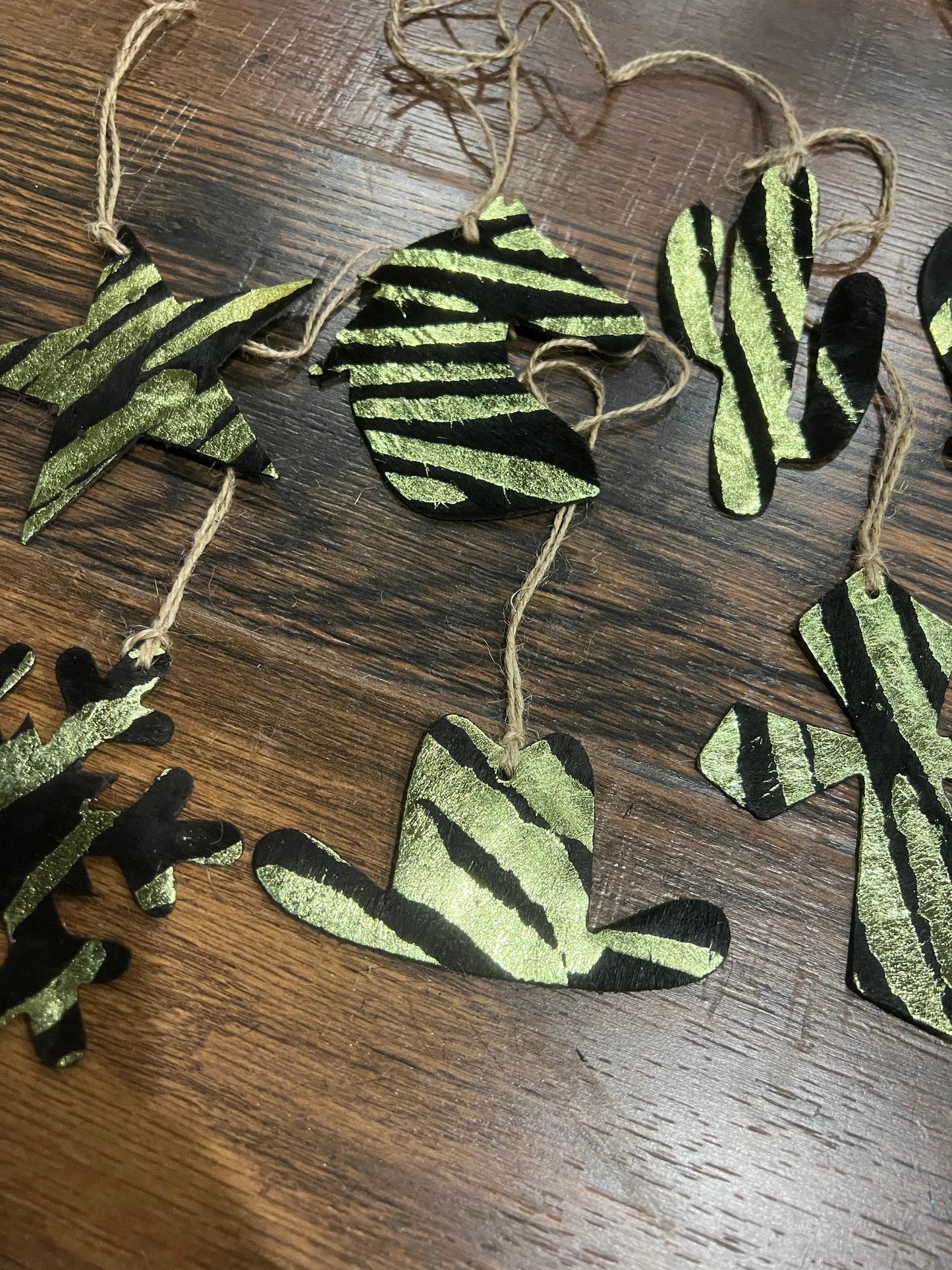 Green Zebra Leather Cowhide  Christmas Ornament - Sold Individually