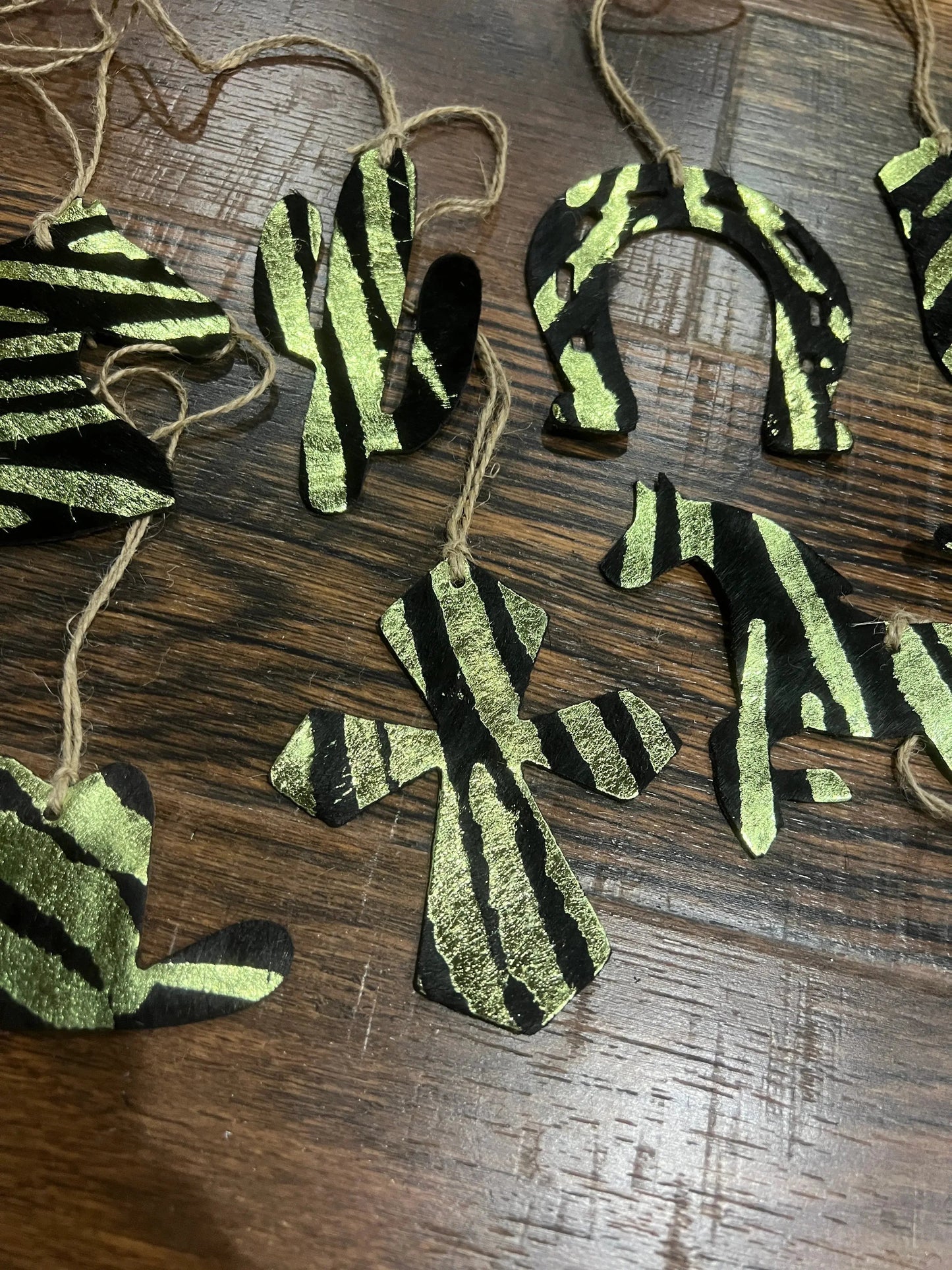 Green Zebra Leather Cowhide  Christmas Ornament - Sold Individually