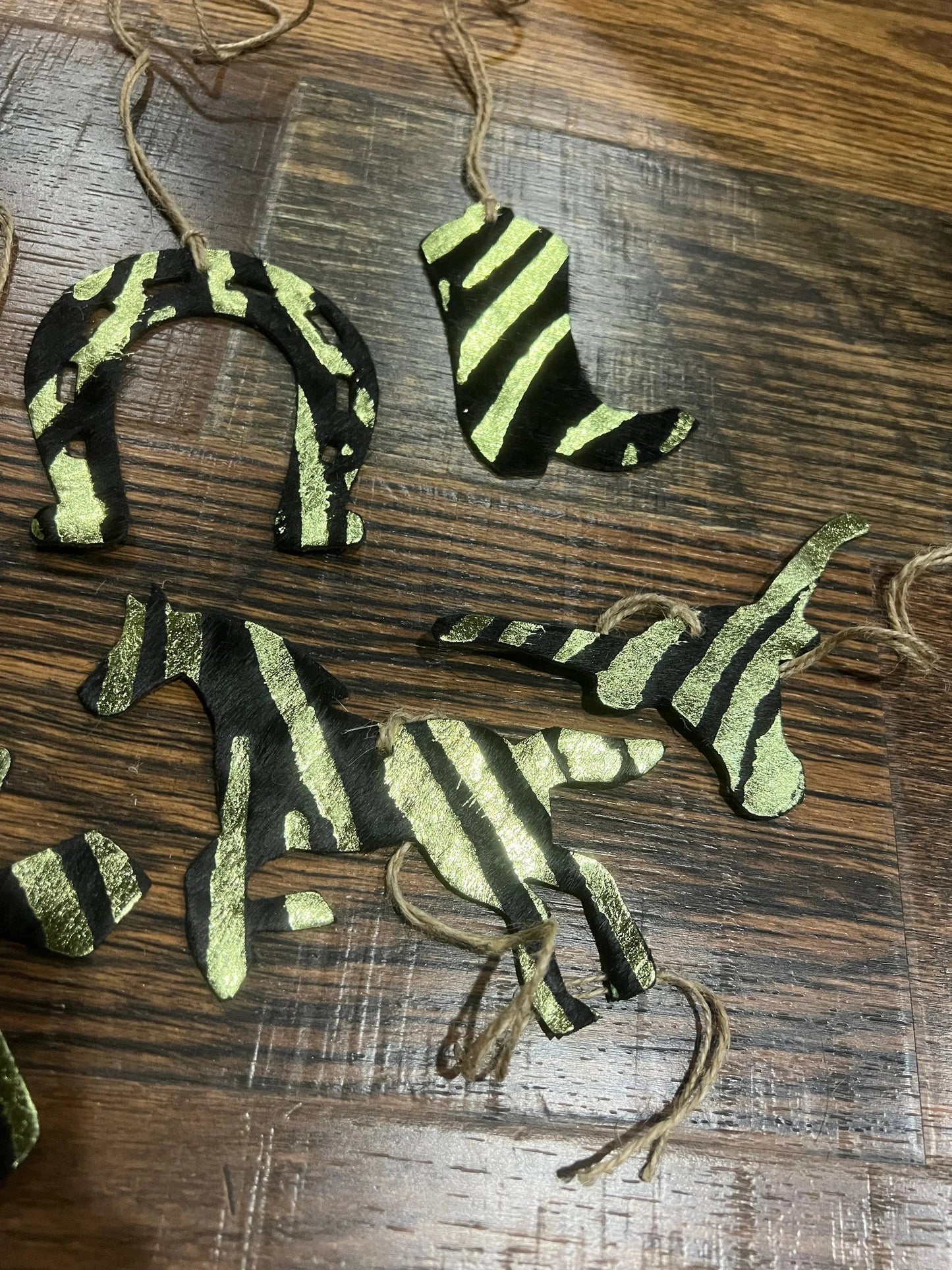 Green Zebra Leather Cowhide  Christmas Ornament - Sold Individually