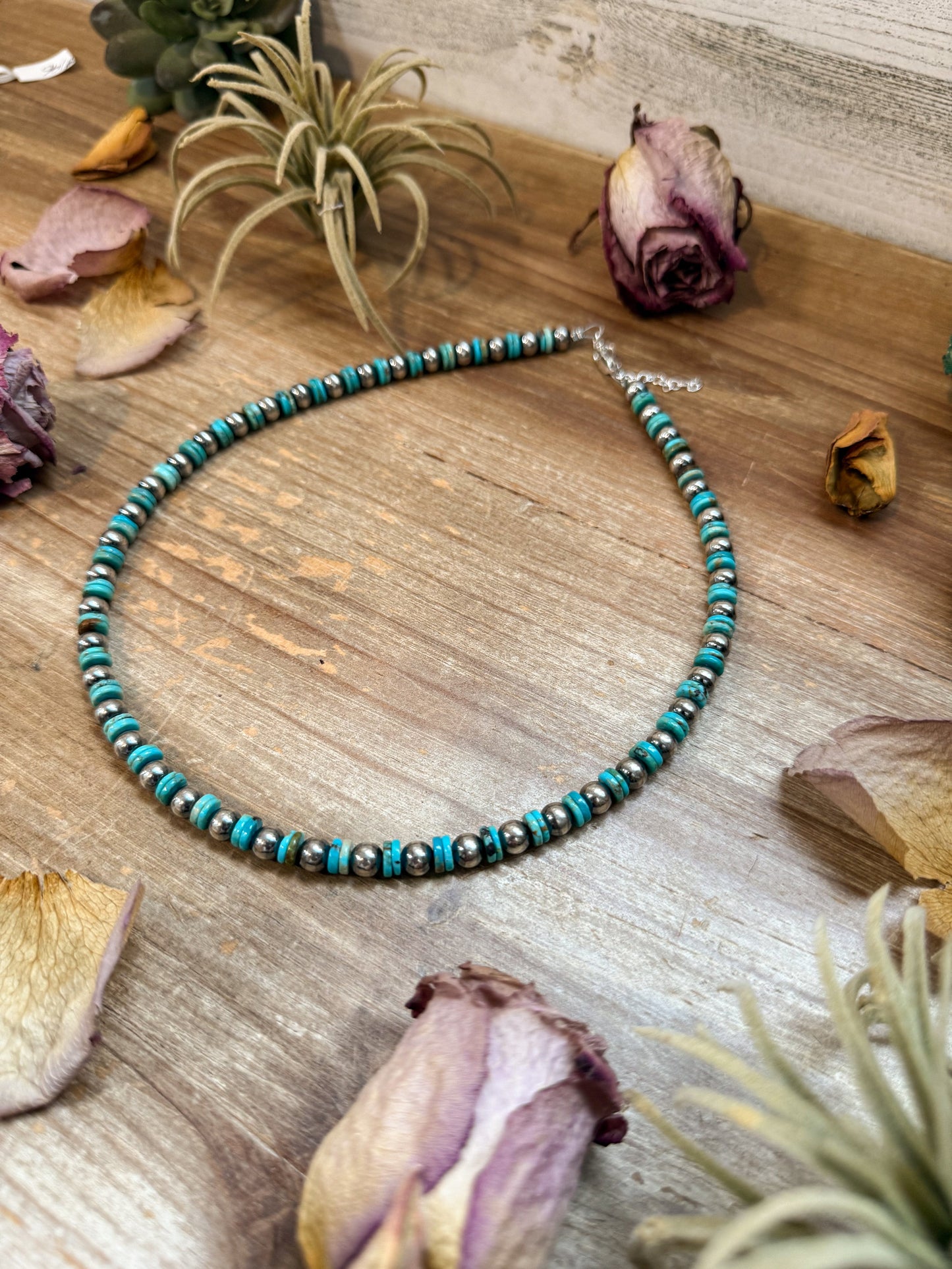 Sterling Silver & Turquoise Heishi Necklace – 16.5” – 6 mm Sterling Pearls