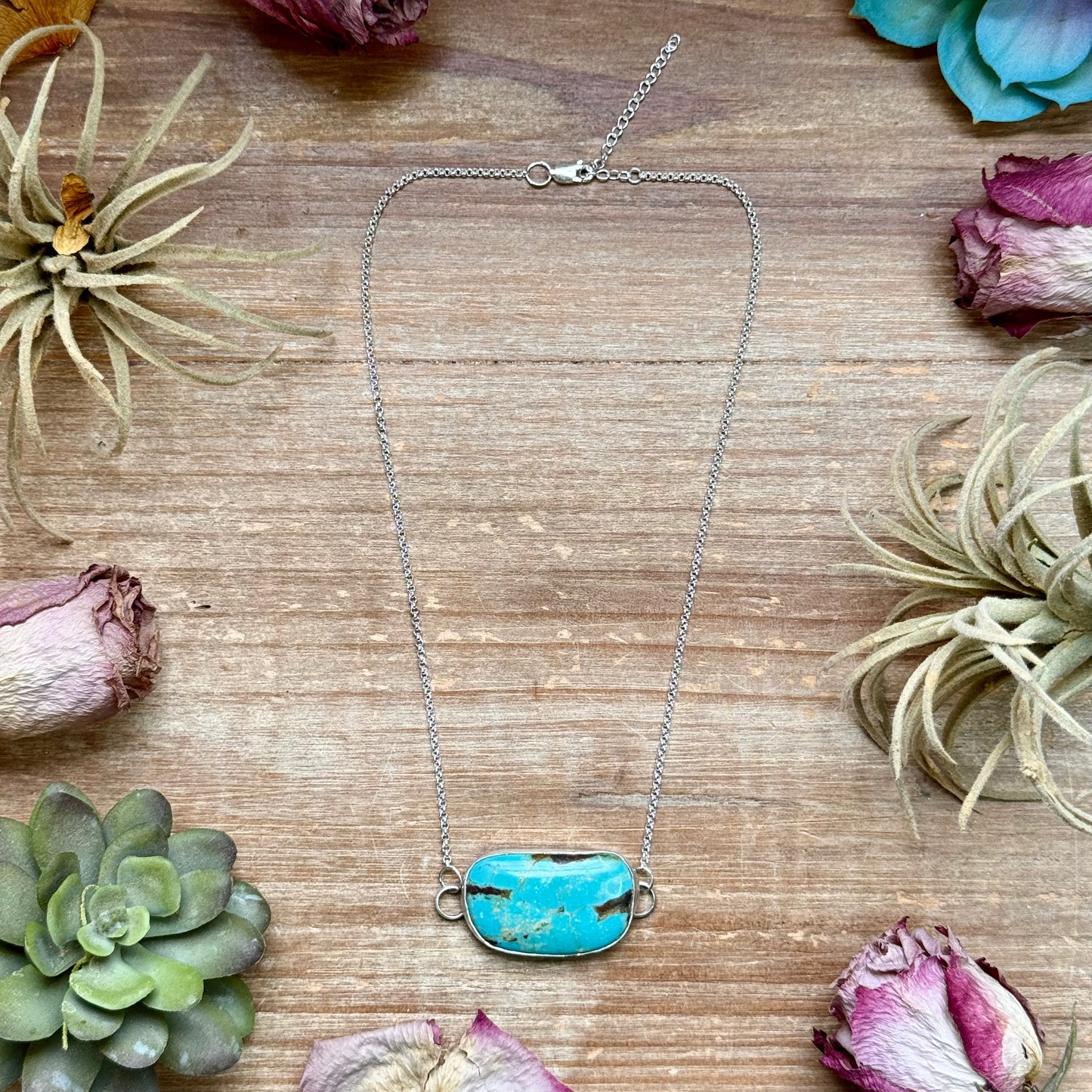 Sterling Silver Chain Necklace with Freeform Turquoise Pendant – 16”