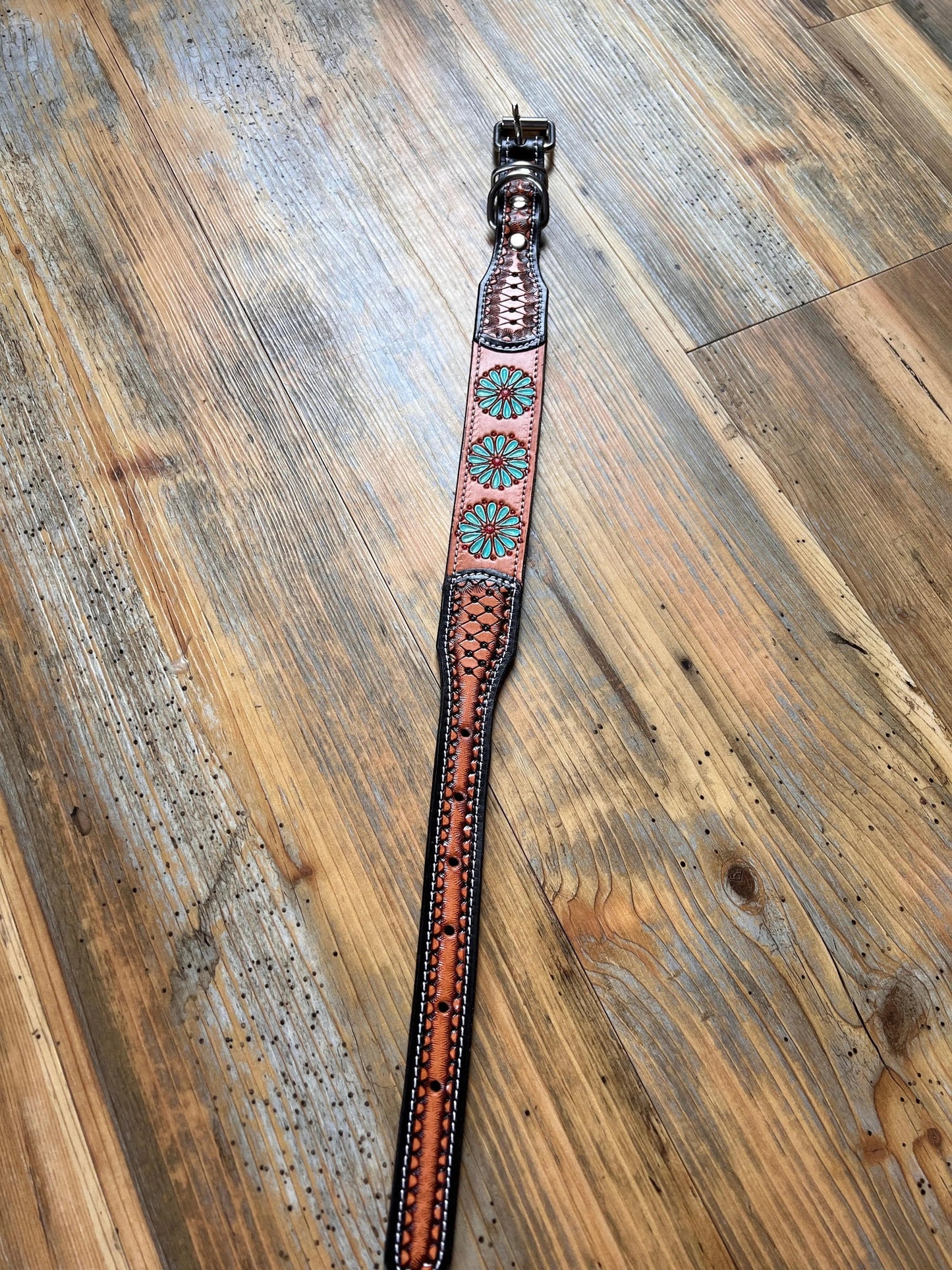 Leather Handpainted Tooled Squash Blossom Dog Collar