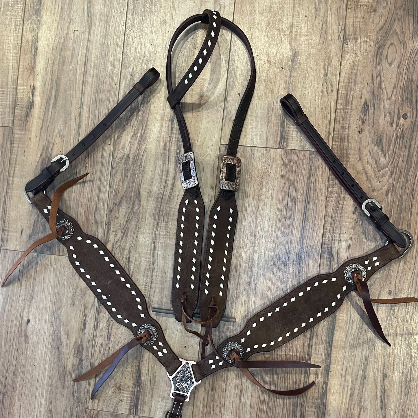 READY TO SHIP Western Tack Set - Rough Out Leather with White Buck Stitching (BHT038)