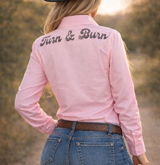 Black Crystal Turn & Burn Button-Up Rodeo Shirt -Pink