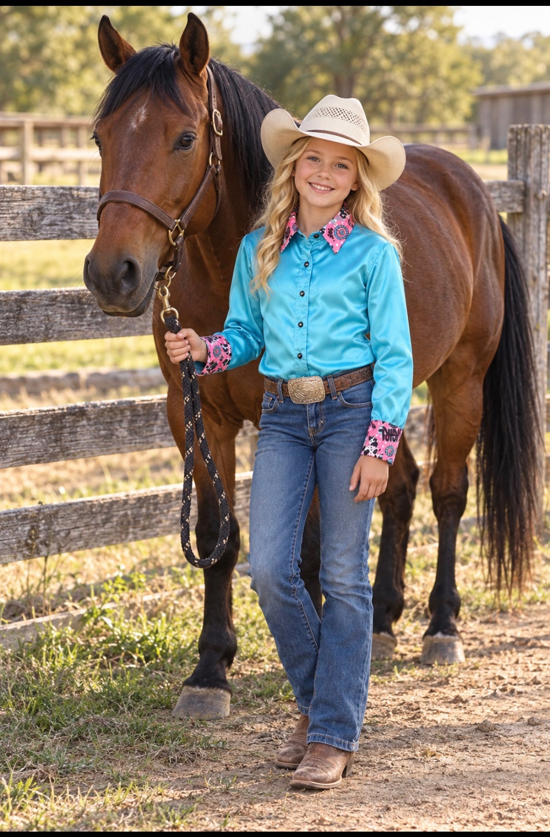 Buckin' Bling YOUTH Cowgirl Blue Rodeo Shirt
