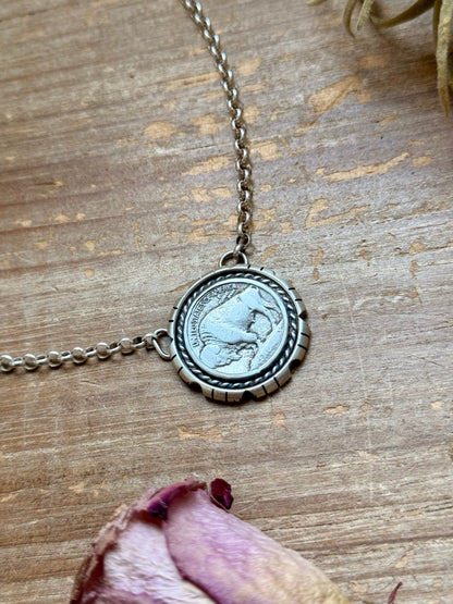 Sterling Silver Buffalo Nickel Necklace – Filed Frame Border – 18” Fixed Chain – Artist Jason Ogg