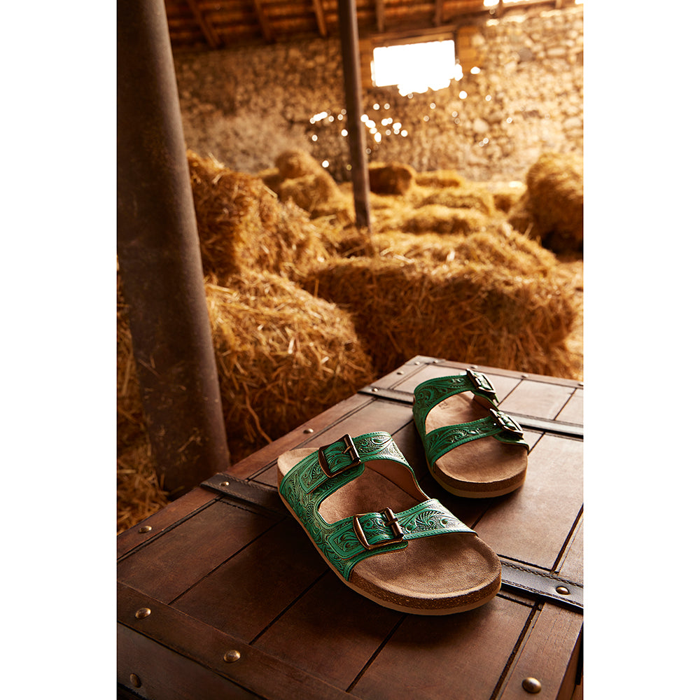 Myra Aurora Mia Embossed Leather Sandals – Dual Strap Buckle with Cork Sole Comfort