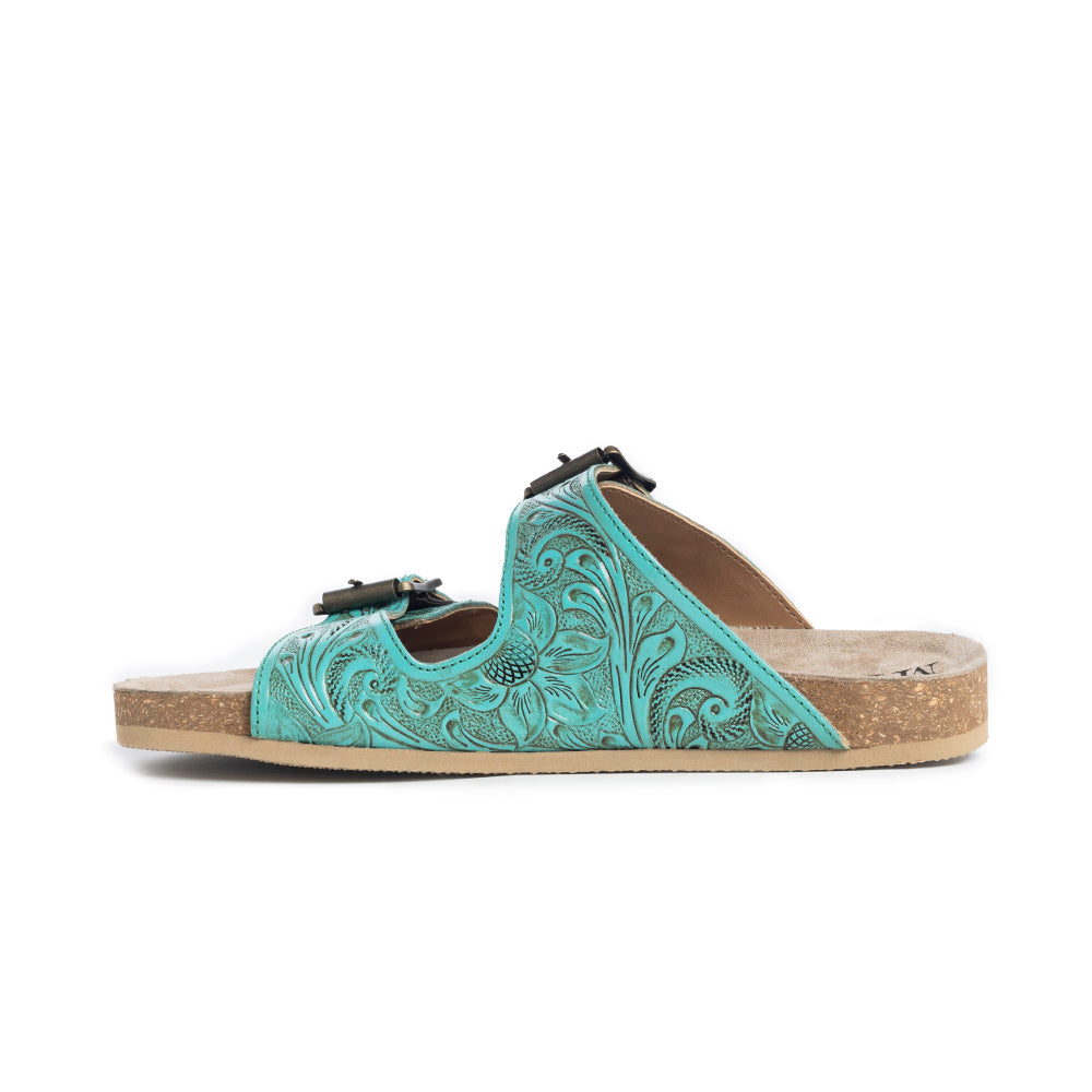 Myra Aurora Mia Embossed Leather Sandals – Dual Strap Buckle with Cork Sole Comfort