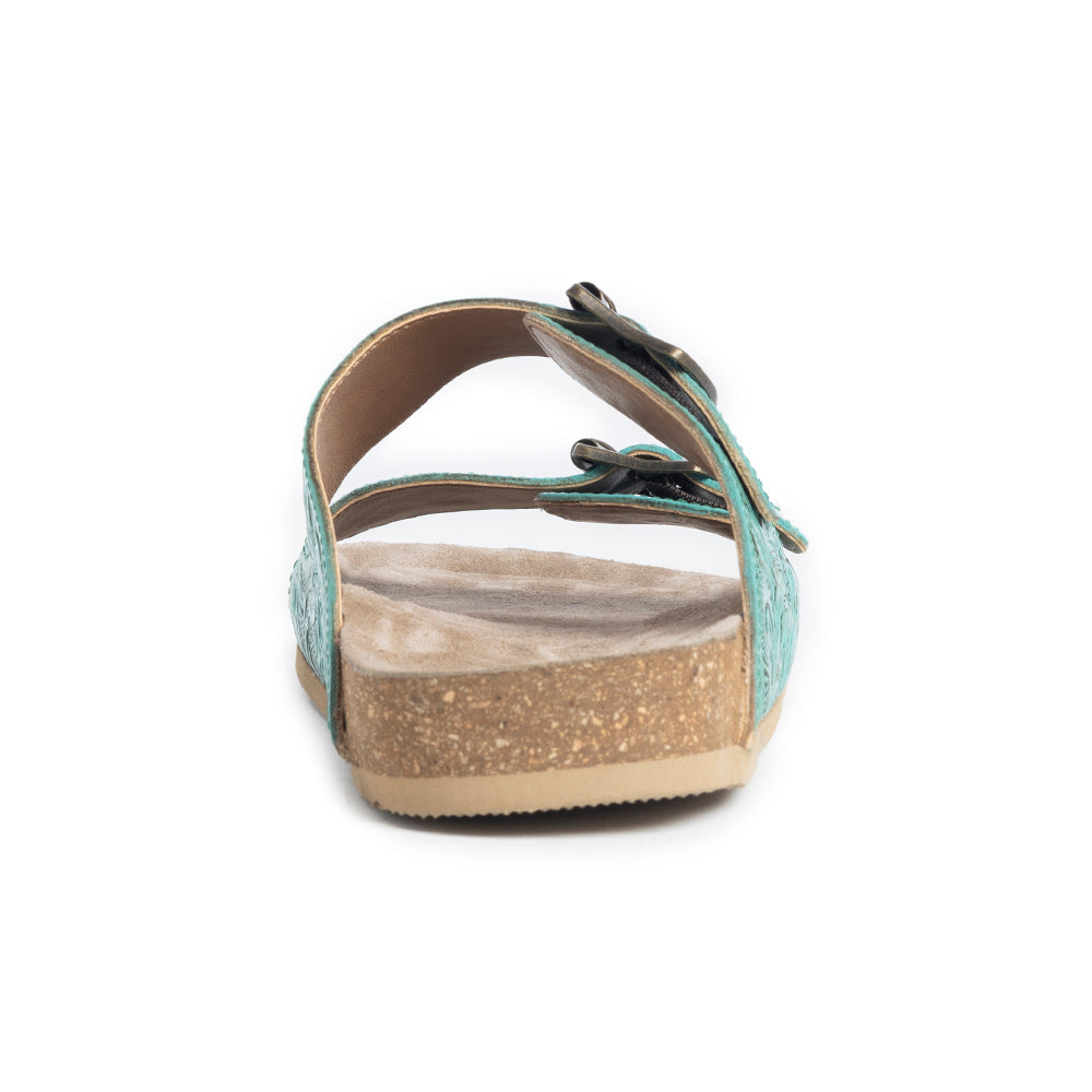Myra Aurora Mia Embossed Leather Sandals – Dual Strap Buckle with Cork Sole Comfort