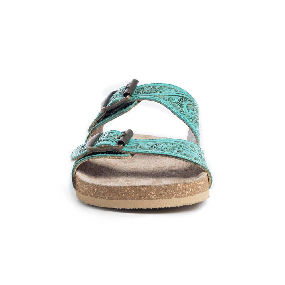 Myra Aurora Mia Embossed Leather Sandals – Dual Strap Buckle with Cork Sole Comfort
