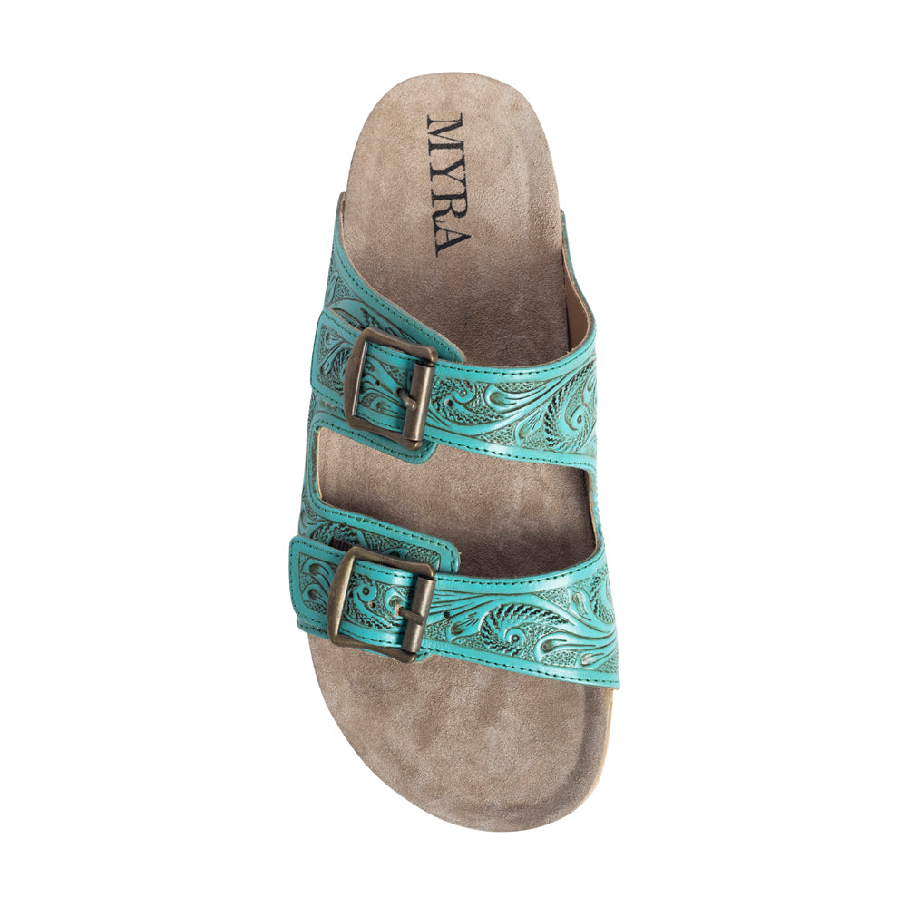 Myra Aurora Mia Embossed Leather Sandals – Dual Strap Buckle with Cork Sole Comfort