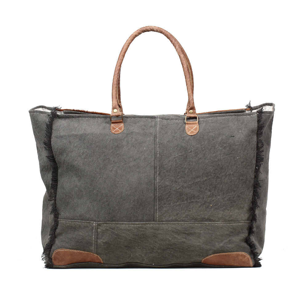 Myra Dakota Trail Hairon Leather Weekender Bag â€“ Handmade Canvas Print with Rustic Fringe Sides & Leather Handles