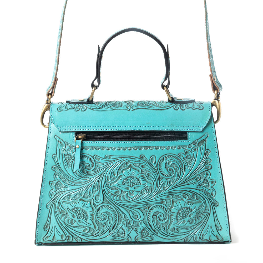 Savannah Scroll Handtooled Leather Bag in Turquoise