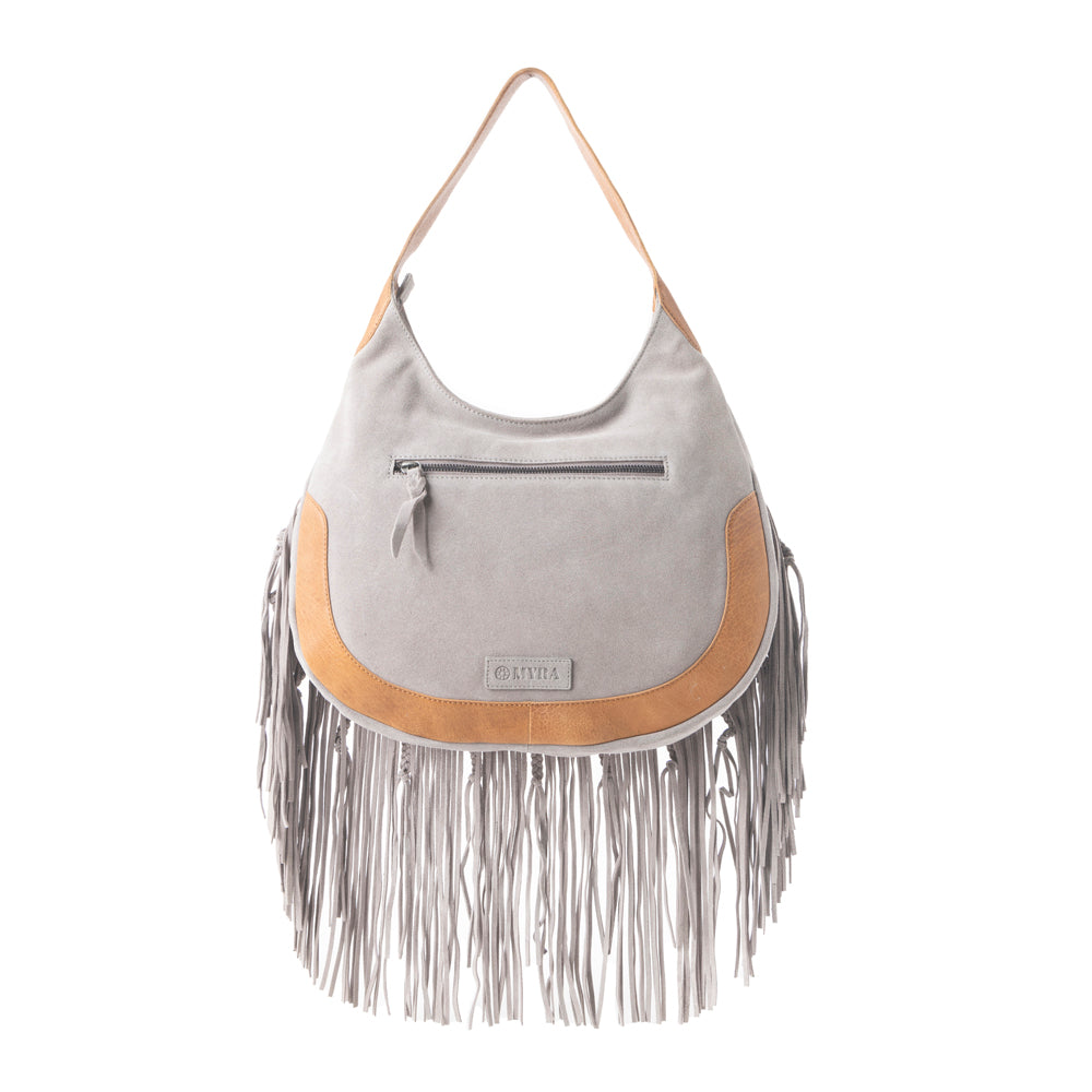 Sage Whisper Fringe Leather Bag in Pearl White