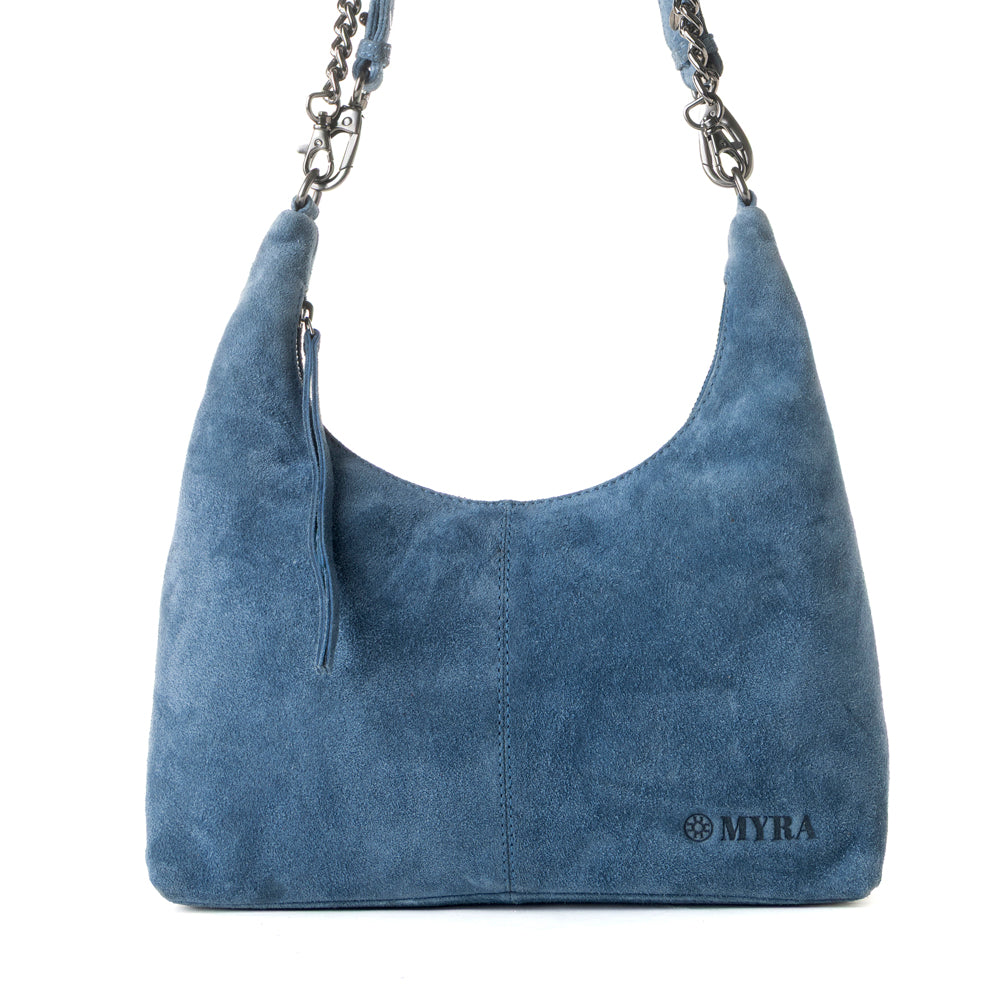 Myra Juniper Trail Genuine Suede Bag for Women in denim blue with extra strap