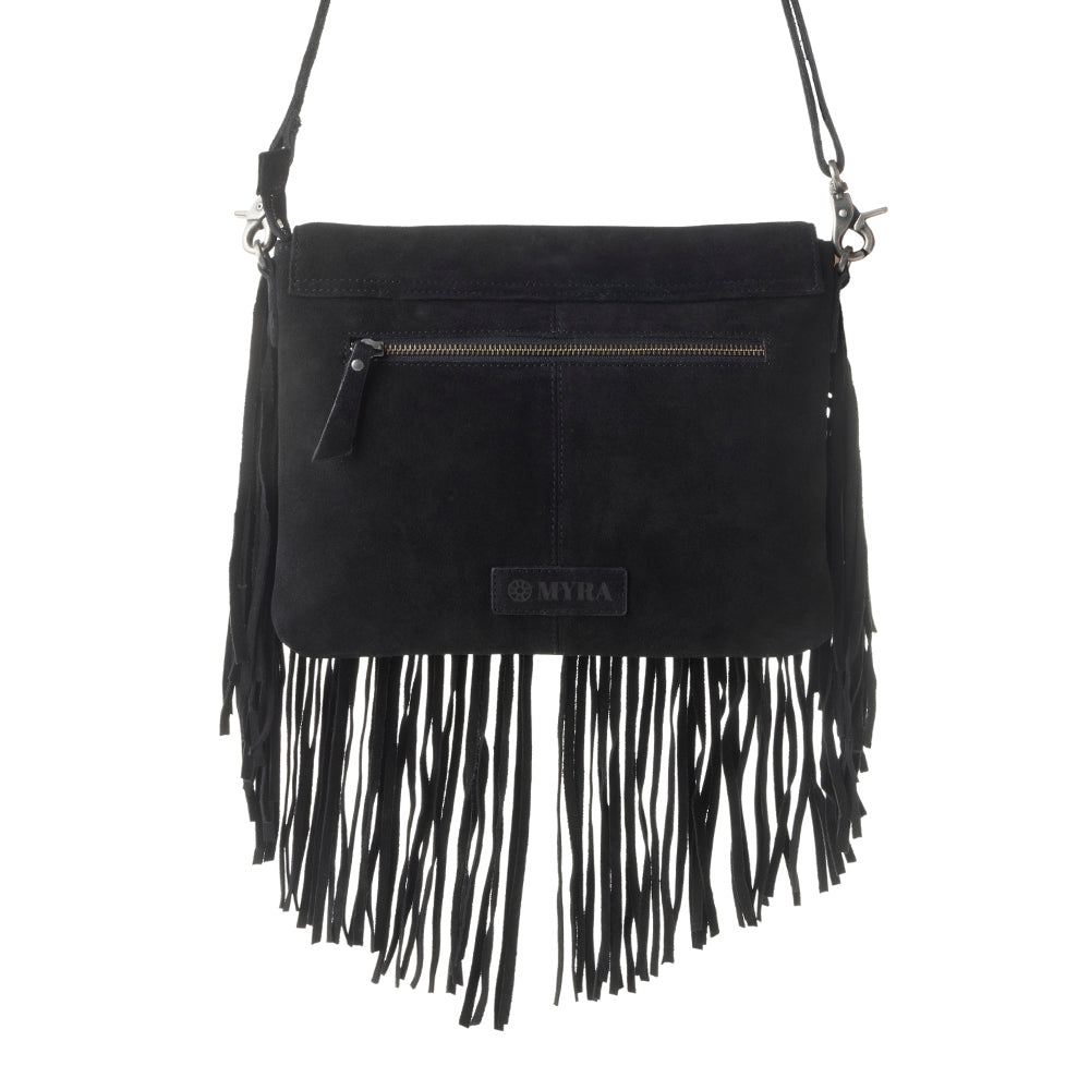 Myra Lucky Charm Leather Bag for Women in black with fringe and horseshoe detail