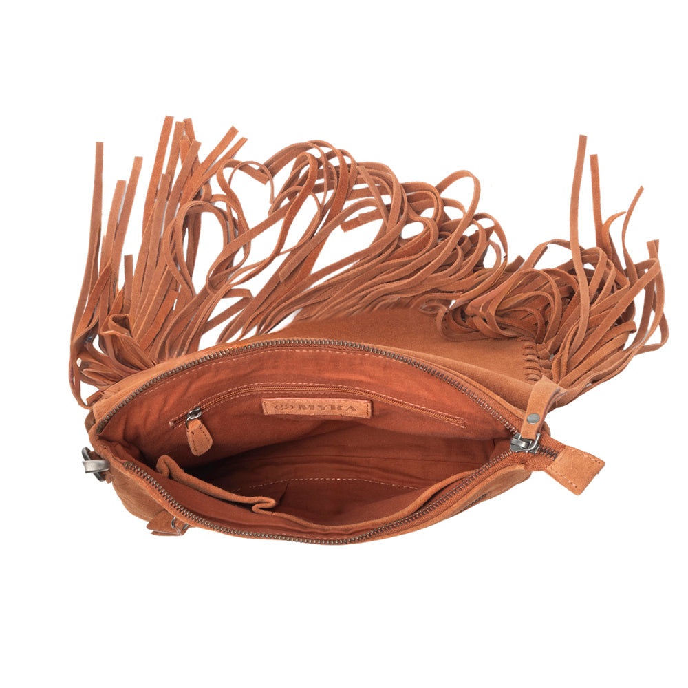 Myra Lucky Charm Leather Bag for Women in Brown with fringe and horseshoe detail