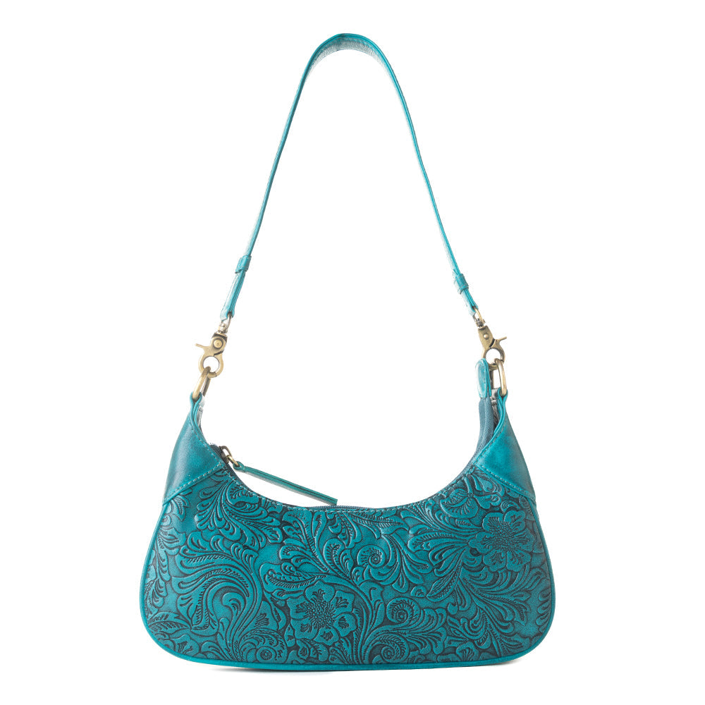 Myra Heritage Vine Embossed Leather Bag for Women in turquoise with shoulder strap