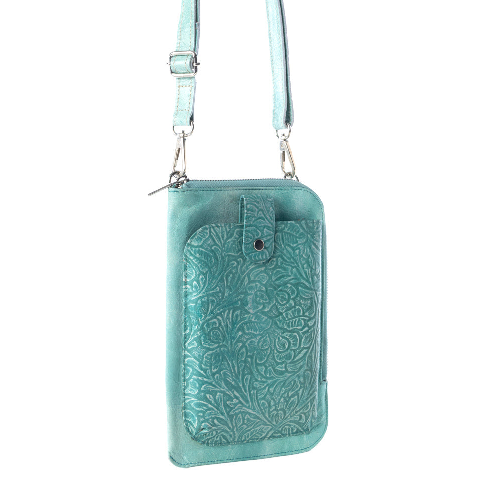Myra Coyote Bloom Embossed mini sling for Women in aqua with floral detail