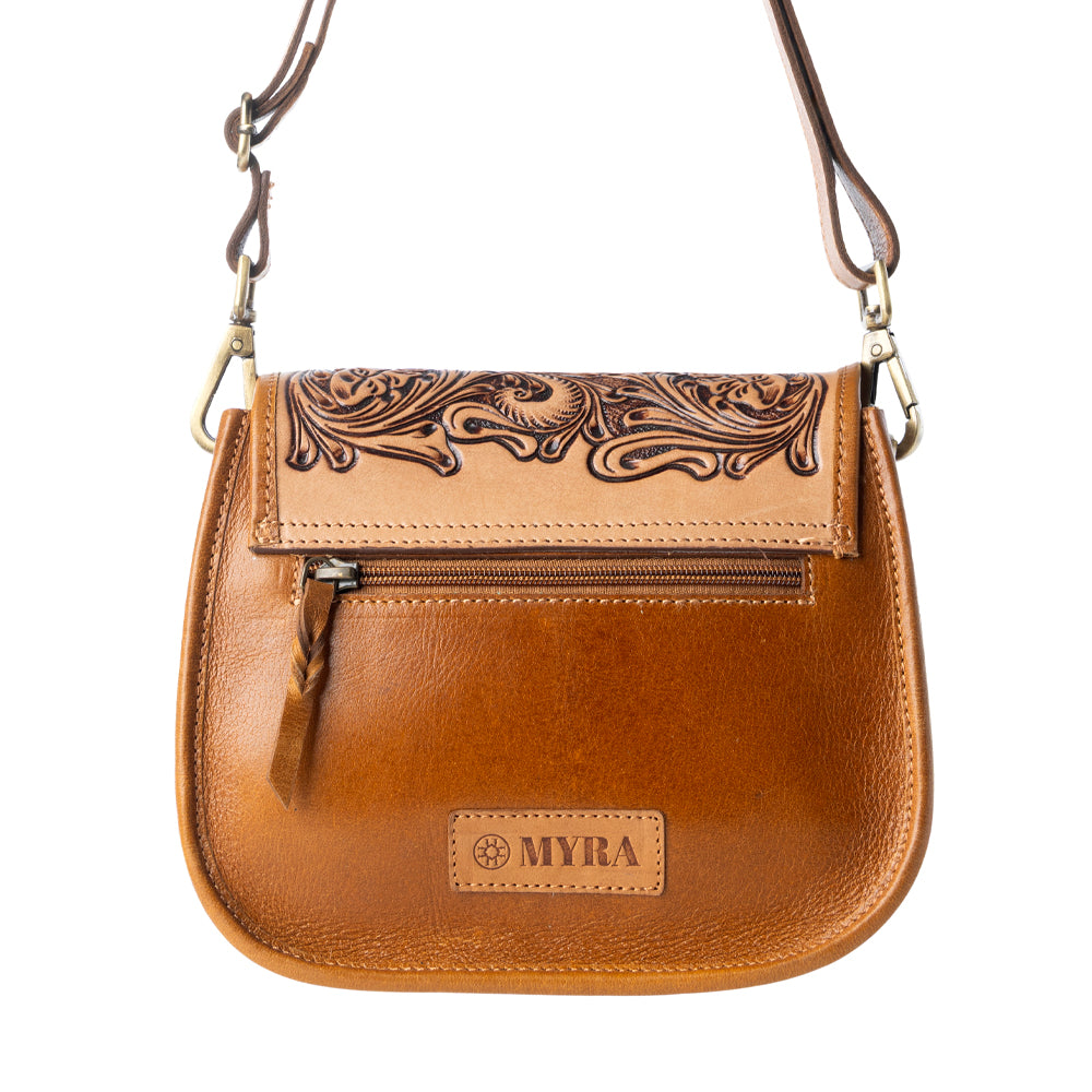 Myra Goldrush Saddle handtooled Bag for Women in saddle tan with hair-on detail