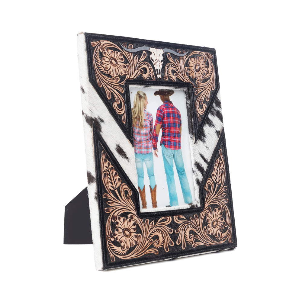 Myra Saddlewood Handtooled Leather Photo Frame in brown with hairon detail, western home décor