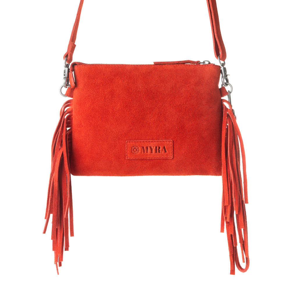 Myra Boot Stitch Suede Bag for Women in red with embroidery and fringe detail