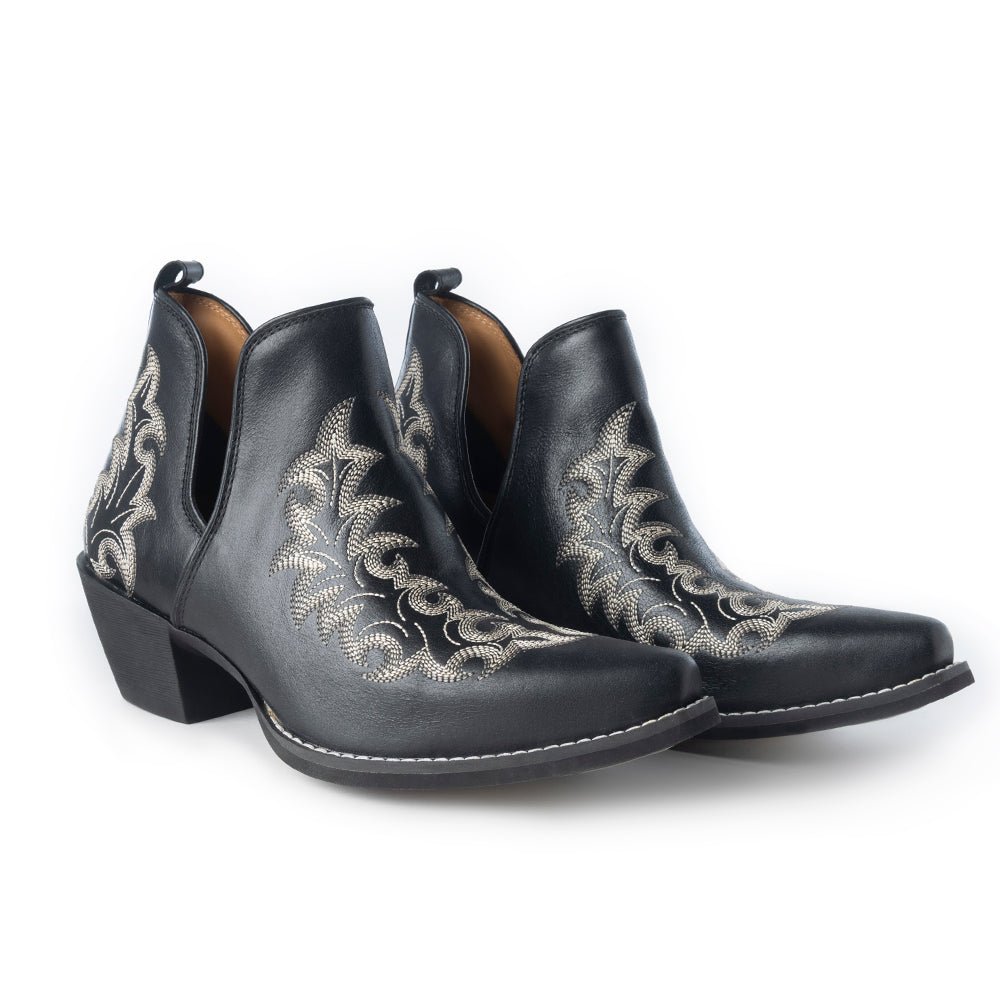 Myra Tempest Embroidered Cowgirl Booties in Onyx for Women in Genuine Leather with Snip Toe